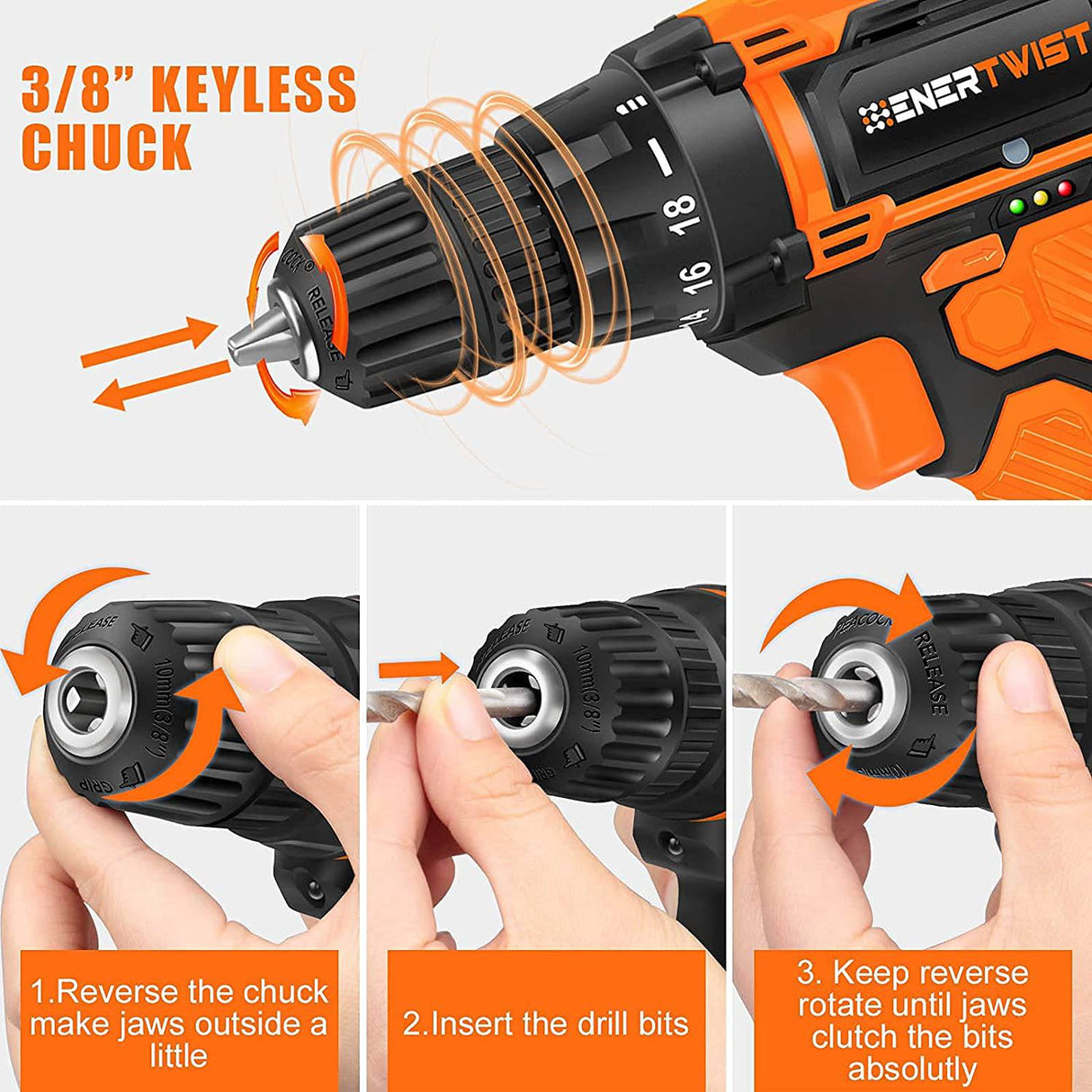 EnerTwist Taladro inalámbrico de 20 V máx., juego de taladro eléctrico de 3/8 pulgadas con batería de iones de litio y cargador, velocidad variable, 19 posiciones y 28 piezas Taladro/Kit de accesorios para conductor/taladro, ET-CD-20 - DIGVICE MX
