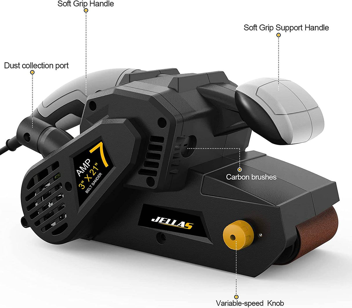 Lijadora de banda Jellas de 3 × 21 pulgadas con bolsa para el polvo, lijadora de 7 amperios con control de velocidad variable, adaptador de aspiradora 2 en 1, cable de alimentación de 10 pies (3 metros) de longitud BS750-SD - DIGVICE MX