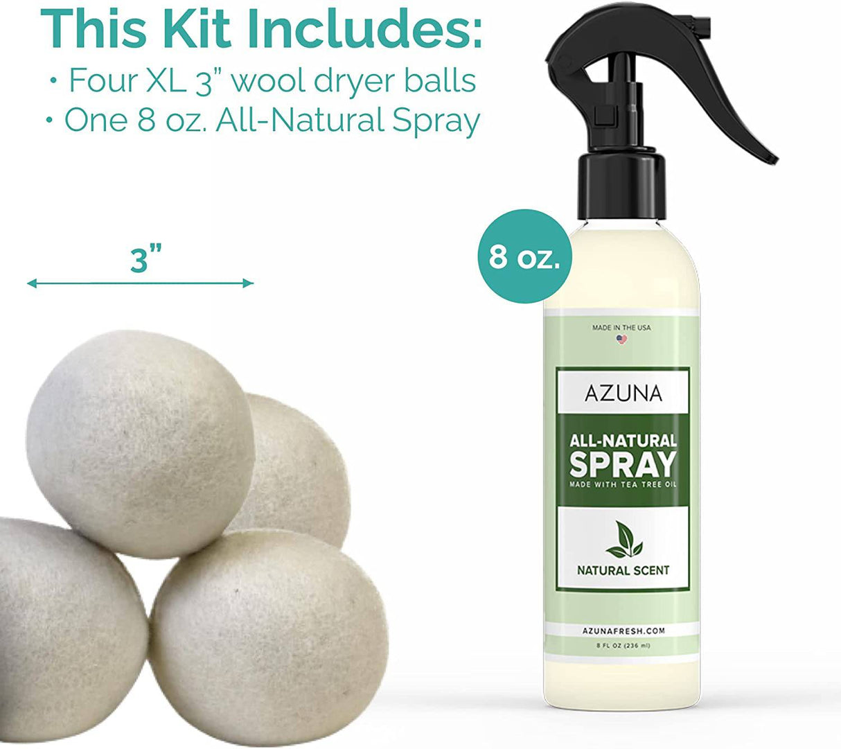 Azuna LaundryFresh Kit de bola para secadora  | Bolas de secadora de lana orgánica para lavandería, suavizante de telas totalmente natural, alternativa a la hoja de secadora | reutilizable y de larga duración | reducir las arrugas - DIGVICE MX