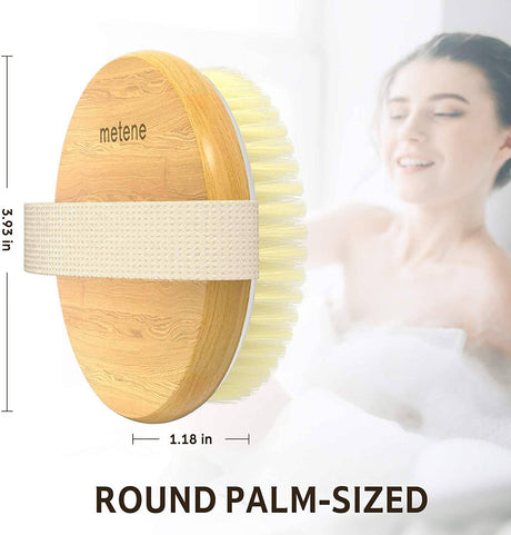 Metene - Juego de 2 cepillos corporales secos de bambú, cepillo de ducha para cepillado húmedo y seco, cepillo seco para celulitis y linfático, exfoliante corporal con cerdas suaves y rígidas, adecuado para todo tipo de piel