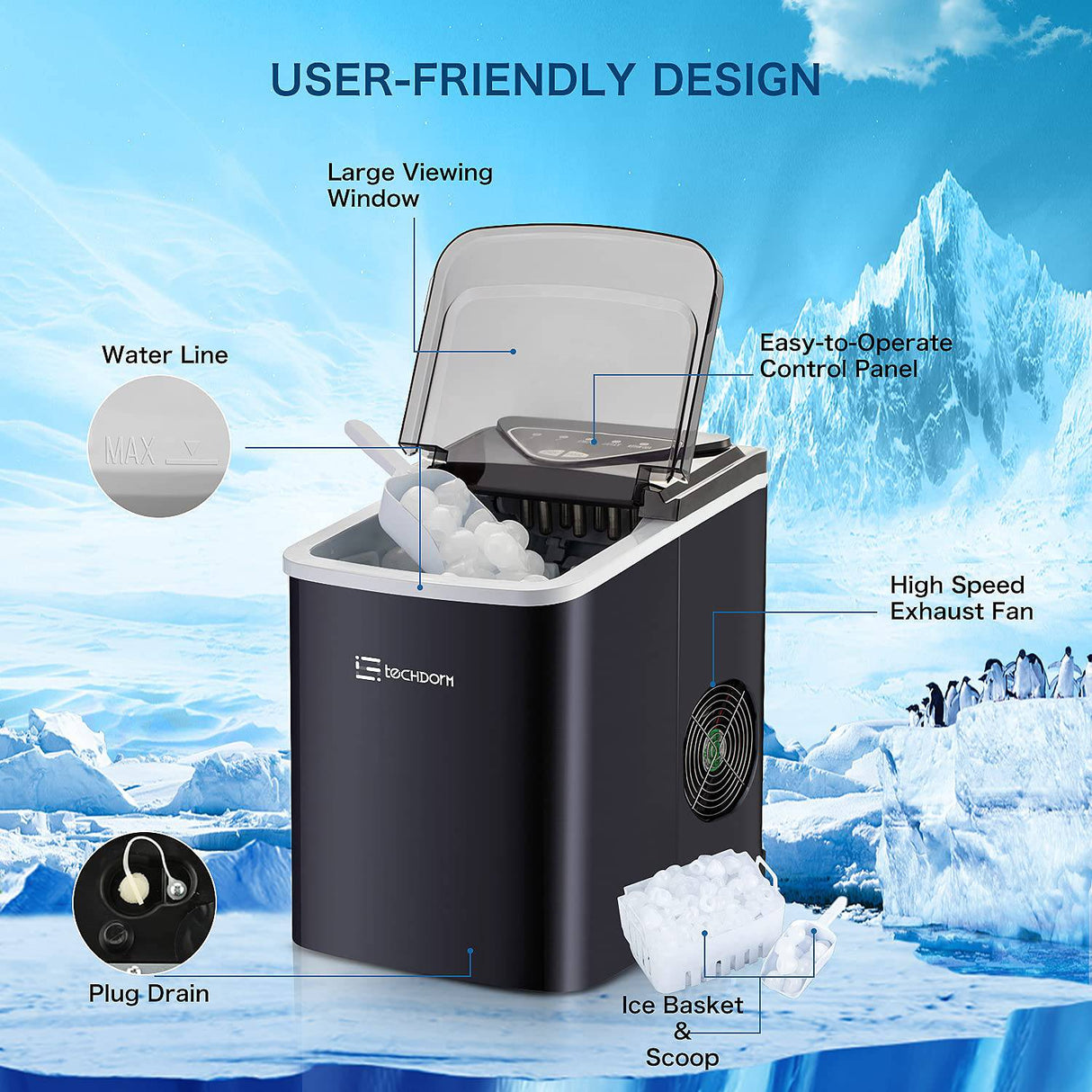 Techdorm  - Máquina para hacer hielo para encimera, 9 cubitos de hielo de bala listos en 6-8 minutos, máquinas de hielo portátiles de 26 libras/24 horas, 2 tipos de tamaño de hielo - DIGVICE MX