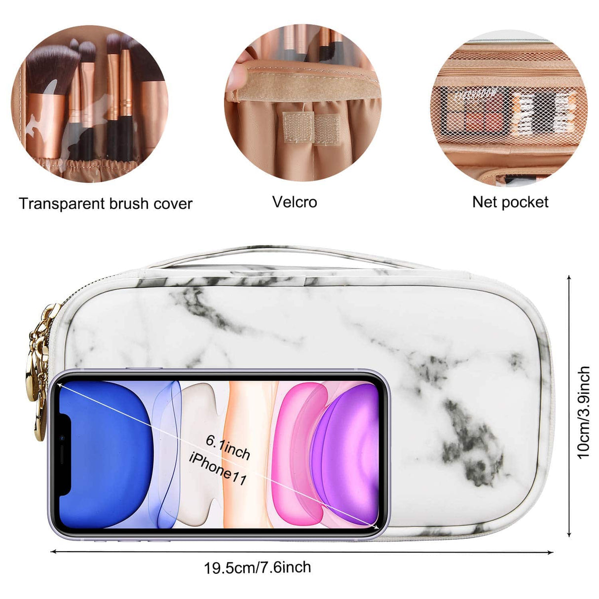 Relavel - Estuche de maquillaje 2 capas para brochas de maquillaje (patrón de mármol blanco)