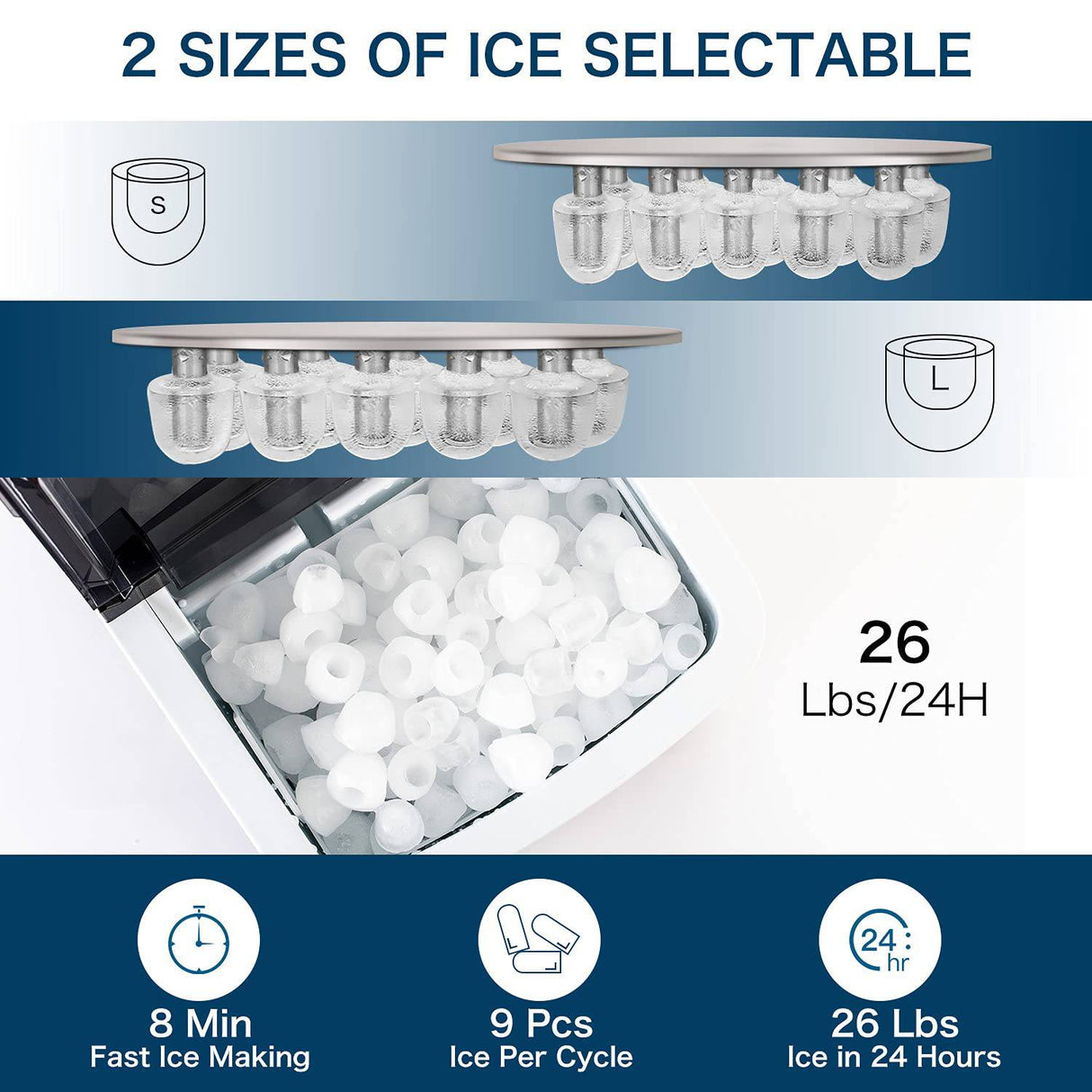 Techdorm  - Máquina para hacer hielo para encimera, 9 cubitos de hielo de bala listos en 6-8 minutos, máquinas de hielo portátiles de 26 libras/24 horas, 2 tipos de tamaño de hielo - DIGVICE MX