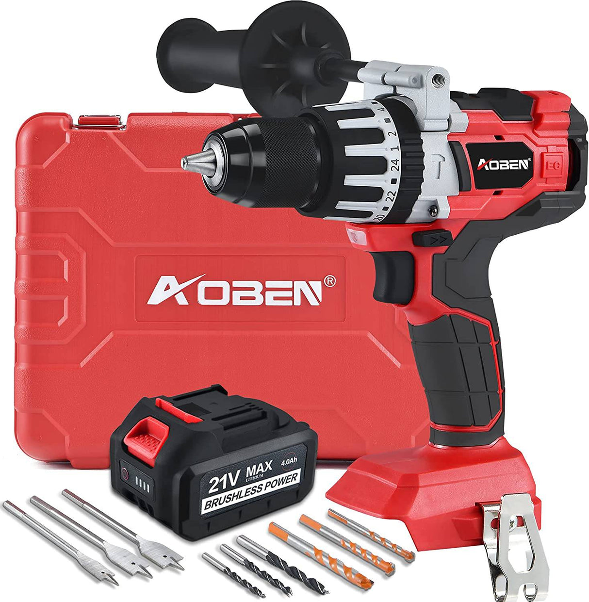 AOBEN Taladro percutor inalámbrico de 21 V, par alto, 1200 in-lb, taladro percutor eléctrico de 1/2 pulgada sin escobillas, con batería de iones de litio de 4.0 Ah y cargador, mango auxiliar, velocidad variable - DIGVICE MX