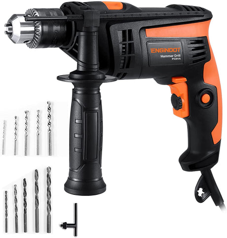 ENGiNDOT Taladro de martillo, taladro eléctrico de 1/2 pulgada y 6 amperios con cable con 2800 RPM, velocidad variable, portabrocas de taladro, 10 brocas para mejoras del hogar, hormigón, acero, madera (no para hormigón reforzado) - DIGVICE MX