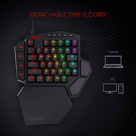 Redragon K585 DITI Teclado mecánico para juegos RGB con una sola mano, teclado para juegos profesional tipo C con 7 teclas macro integradas, reposamuñecas desmontable, 42 teclas (interruptor negro-azul)