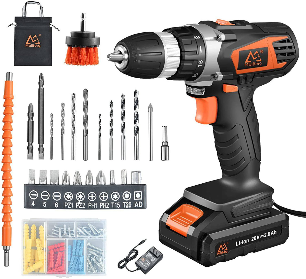MAIBERG Taladro inalámbrico, juego de pistola de tornillo de energía eléctrica con batería de 20 V 2 Ah, 26 accesorios, par máximo de 300 libras (300 in-lb), cargador de 1.3 A, portabrocas de 3/8 pulgadas, 2 velocidades variables - DIGVICE MX