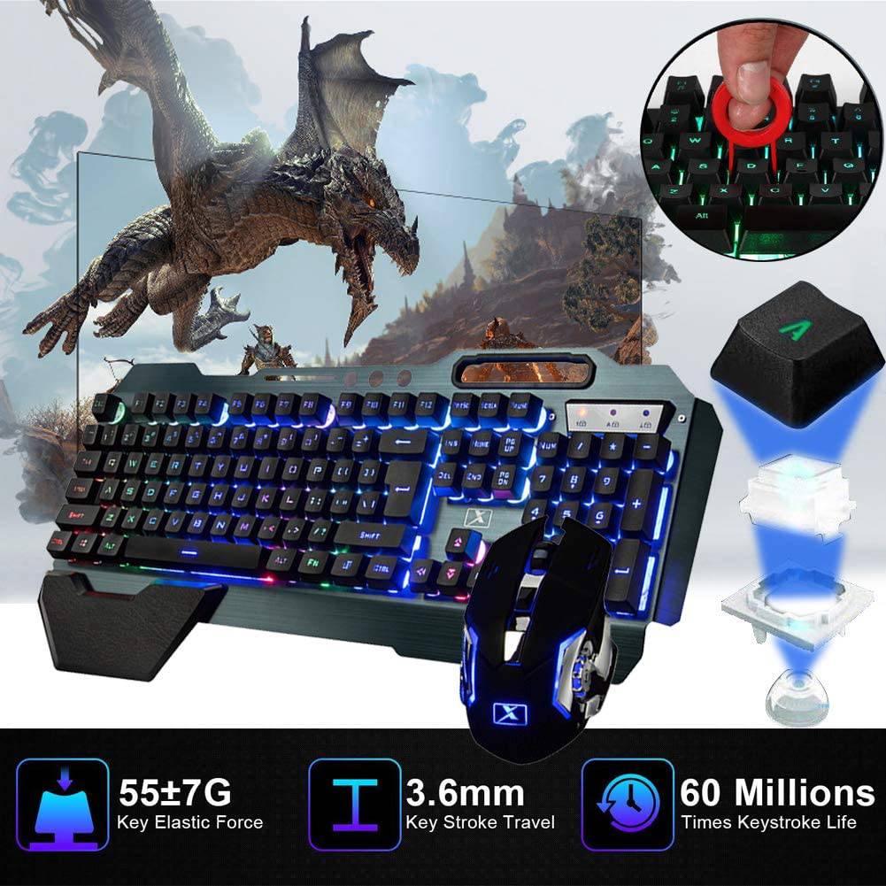 LexonElec - Teclado y ratón inalámbricos para juegos, ratón de teclado recargable con retroiluminación de arco iris con panel de metal de batería de 3800 mAh, teclado mecánico de reposamanos extraíble y ratón silencioso de 7 colores para jugadores de PC