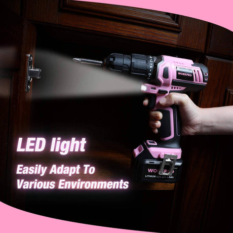 WORKPRO Pink Wireless - Juego de destornilladores de iones de litio de 20 V, 1 batería, cargador y bolsa de almacenamiento incluidos, cinta rosa - DIGVICE MX