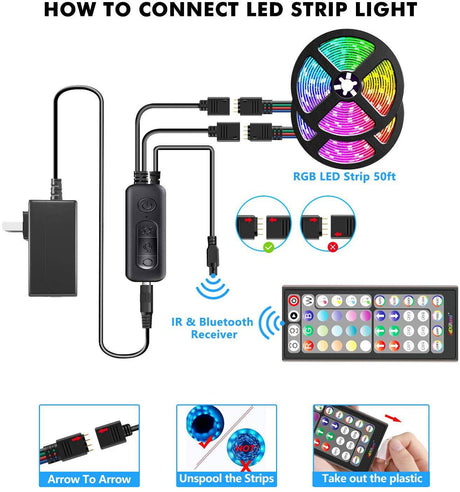 Nexillumi - Tira de luces LED de 50 pies, sincronización de música, tira de LED RGB que cambia de color, mando a distancia de 44 teclas, micrófono integrado sensible, luces LED controladas por aplicación, tira de luces LED 5050 RGB - DIGVICE MX