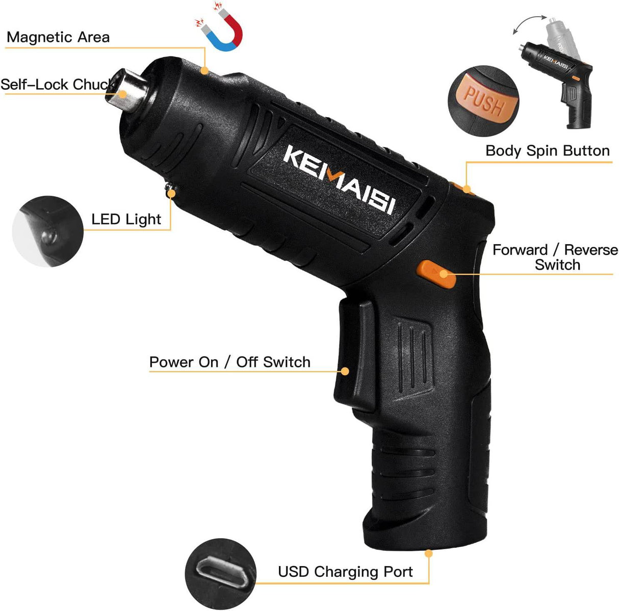 KEMAISI (13 en 1) Juegos de destornilladores eléctricos inalámbricos de 4,2 V con luz de trabajo LED, destornillador eléctrico recargable con batería de iones de litio de 2000 mAh, destornillador de posiciones de mango ajustable - DIGVICE MX