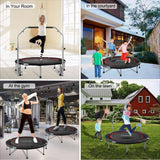 FirstE  - Trampolines de fitness plegables de 48 pulgadas con pasamanos de espuma de altura ajustable de 4 niveles, trampolín de salto para niños y adultos en interiores y exteriores, carga máxima de 440 libras