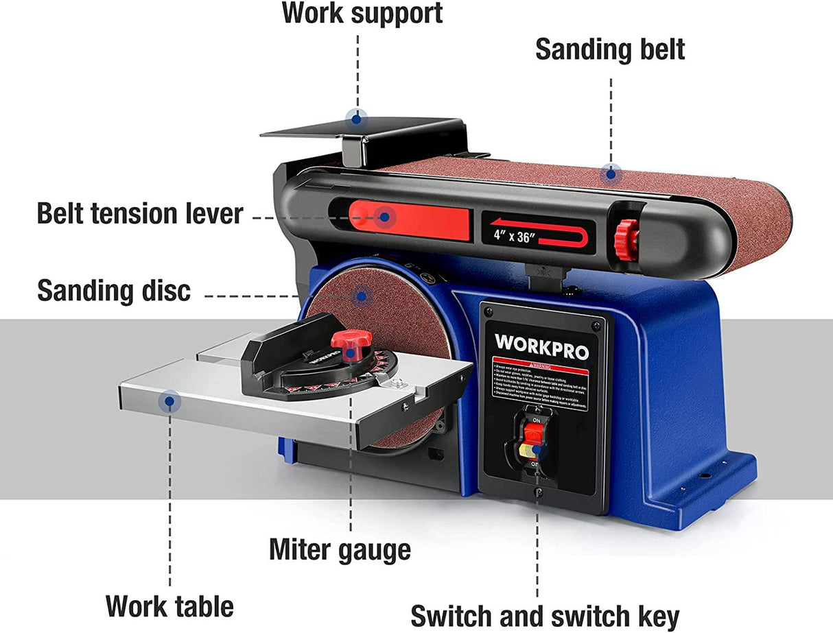 Lijadora de disco de banda WORKPRO, 4 pulg. x 36 pulg. Lijadora de banda y disco de 6 pulg. con 6 piezas de papel de lija, base de hierro fundido para lijar carpintería, decoración de bricolaje - DIGVICE MX