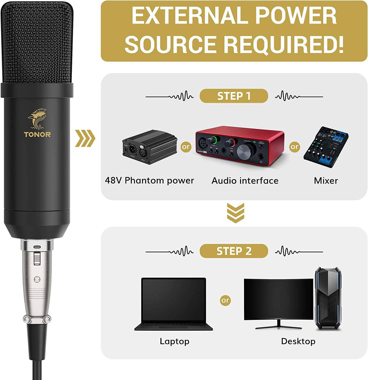 TONOR XLR - Micrófono de condensador, kit de micrófono de estudio cardioide profesional TONOR con brazo de pluma T20, soporte de choque, filtro pop para grabación, podcasting, voz en off, transmisión, Home Studio, YouTube (TC20)