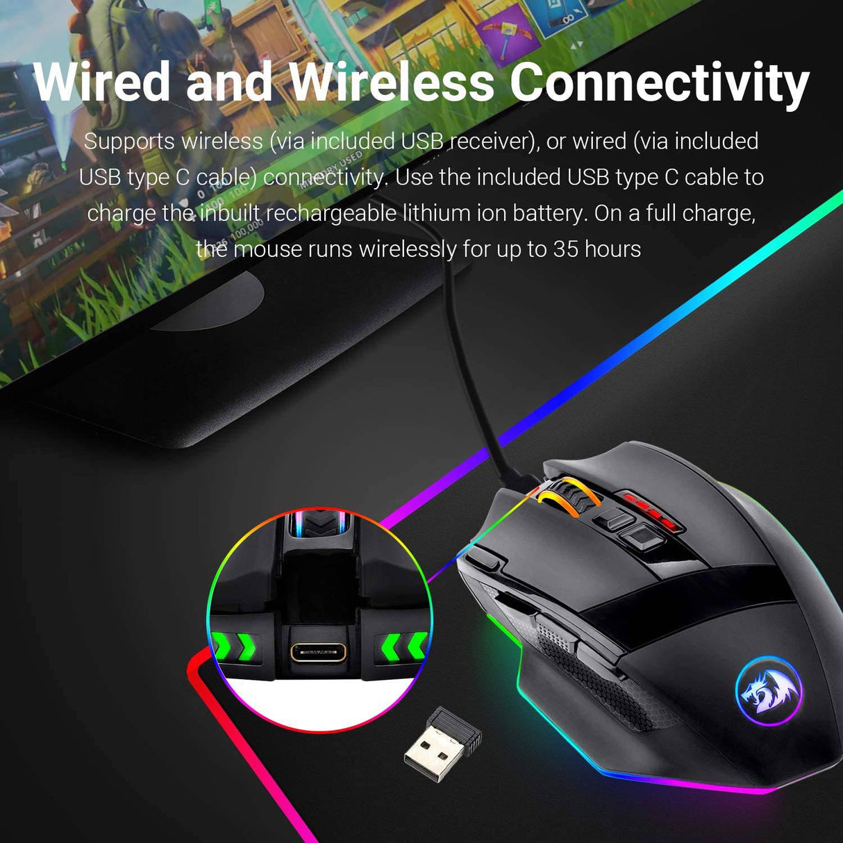 Redragon M801 Ratón para juegos LED RGB retroiluminado MMO 9 Botones programables Ratón con macro Grabación Botones laterales Botón de disparo rápido 16000 DPI para Windows PC Gamer (Inalámbrico, Negro)