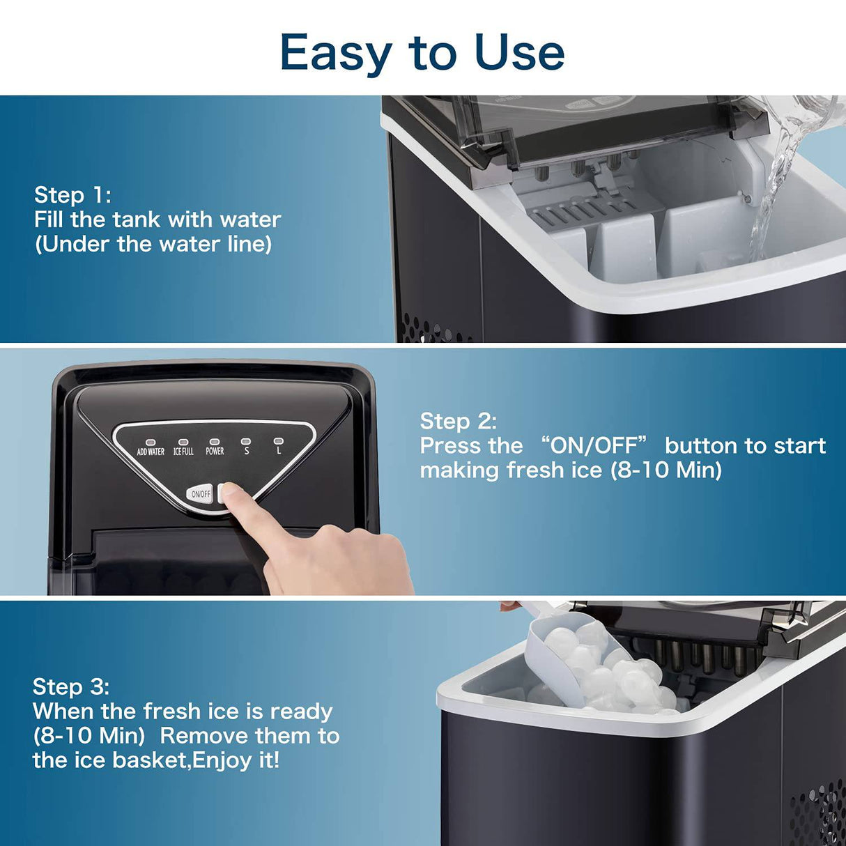 Techdorm  - Máquina para hacer hielo para encimera, 9 cubitos de hielo de bala listos en 6-8 minutos, máquinas de hielo portátiles de 26 libras/24 horas, 2 tipos de tamaño de hielo - DIGVICE MX