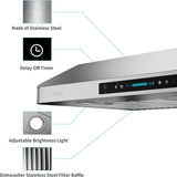 IKTCH Campana extractora para debajo del gabinete de 30 pulgadas con 900-CFM, sensor de gestos de 4 velocidades y panel de control táctil, ventilación de cocina de acero inoxidable con 2 filtros deflectores (IKC01-30) - DIGVICE MX