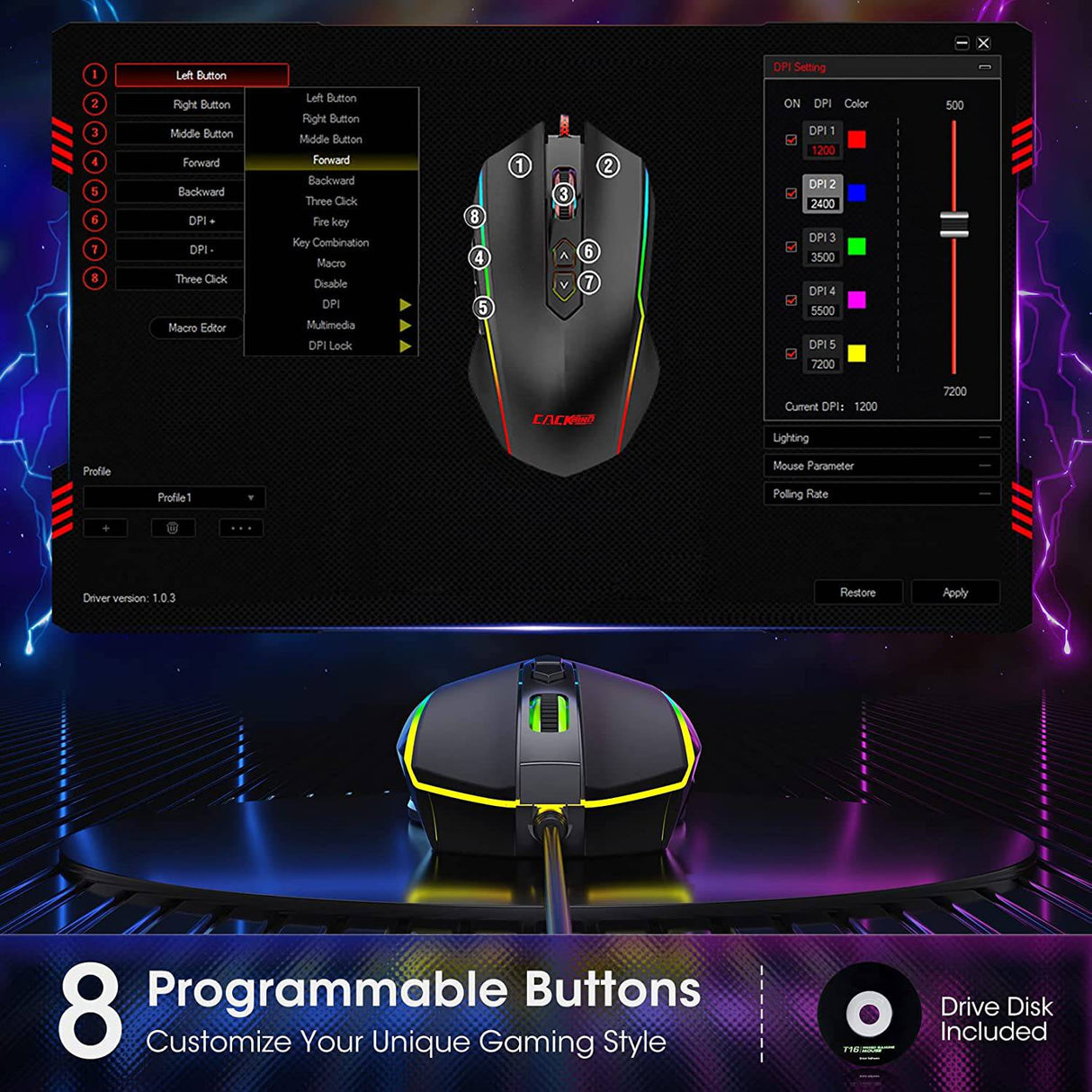 Cackbird Ratón para juegos RGB con cable, ratón para juegos de PC con 8 botones programables, retroiluminación Chroma RGB, 7200 DPI ajustable, empuñaduras laterales de goma, memoria integrada, ratón ergonómico USB