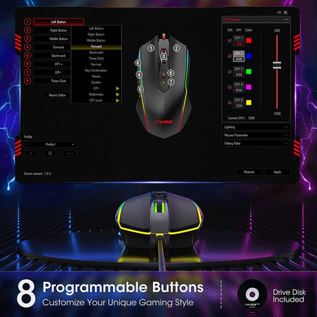 Cackbird Ratón para juegos RGB con cable, ratón para juegos de PC con 8 botones programables, retroiluminación Chroma RGB, 7200 DPI ajustable, empuñaduras laterales de goma, memoria integrada, ratón ergonómico USB