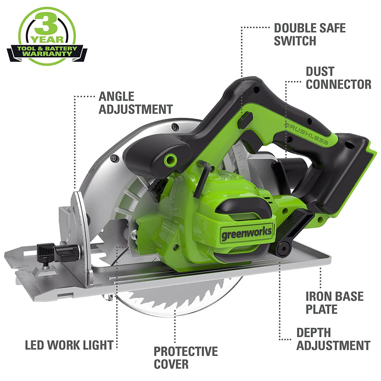 Sierra circular Greenworks de 7.25" sin escobillas de 24 V, la batería y el cargador se venden por separado - DIGVICE MX