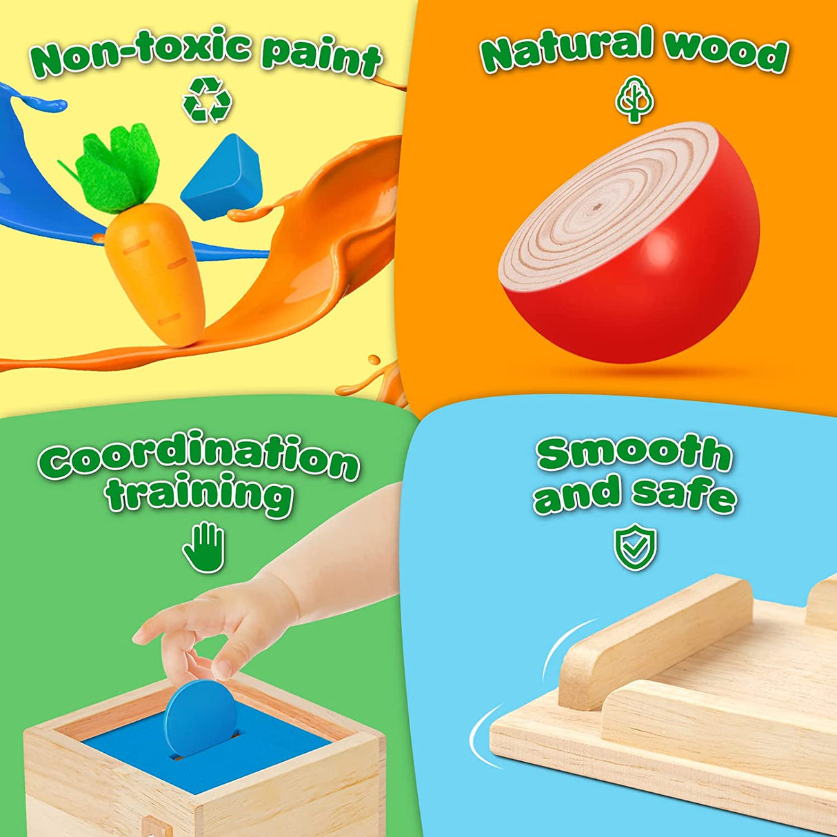 LACCHOUFEE - Kit de juego de madera 5 en 1 Juguete Montessori - Caja de permanencia de objetos, Caja de monedas, Cosecha de zanahorias, Captura de gusanos, Clasificador de formas - B0B1MMTKTK