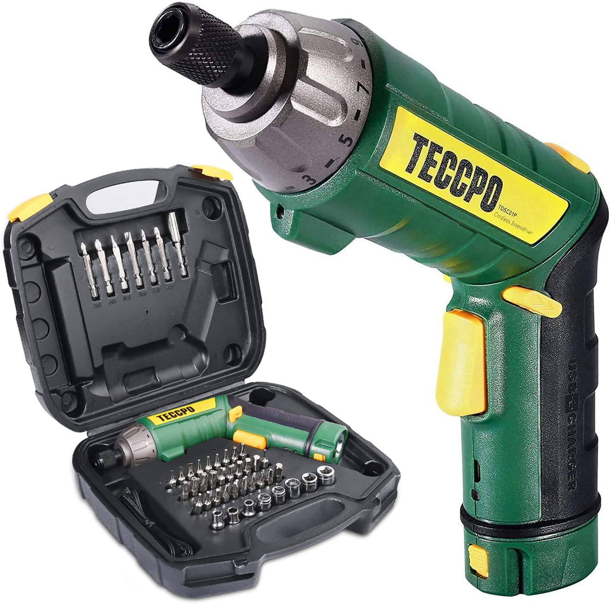 Destornillador inalámbrico, 45 piezas 6 N.m, destornillador eléctrico TECCPO 4 V, 9+1 engranajes de par, destornillador inalámbrico recargable con iones de litio de 2000 mAh, portabrocas hexagonal de 1/4 pulgadas, 2 LED, 2 posiciones ajustables - DIGVICE MX