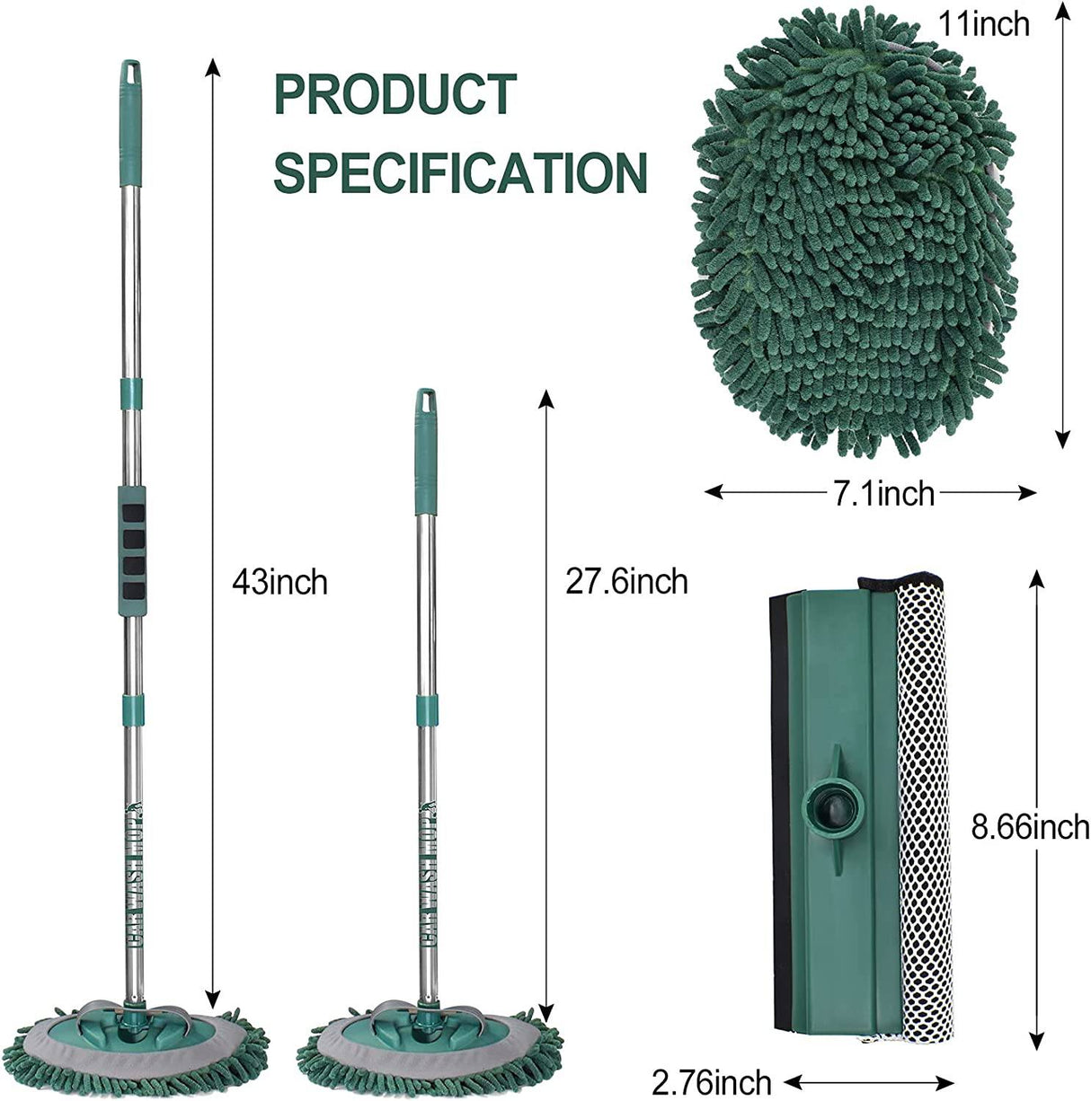 AgiiMan Cepillo de lavado de autos con mango largo - 3 en 1 Fregona de limpieza de autos, Juego de guantes de microfibra de chenilla, Longitud ajustable 24in-43in Kit de limpieza de vehículos con raspador de vidrio, Verde