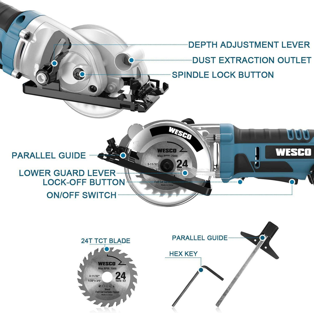 WESCO Mini sierra circular, 20 V 3-3/8 pulgadas, sierras de pista de mano inalámbricas, profundidad de corte máxima 1-1/8 pulgadas, mit guía paralela, hoja TCT 24T, para madera, hormigón, paneles de yeso, metal blando, azulejos y cortes de plástico - DIGVICE MX