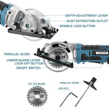 WESCO Mini sierra circular, 20 V 3-3/8 pulgadas, sierras de pista de mano inalámbricas, profundidad de corte máxima 1-1/8 pulgadas, mit guía paralela, hoja TCT 24T, para madera, hormigón, paneles de yeso, metal blando, azulejos y cortes de plástico - DIGVICE MX