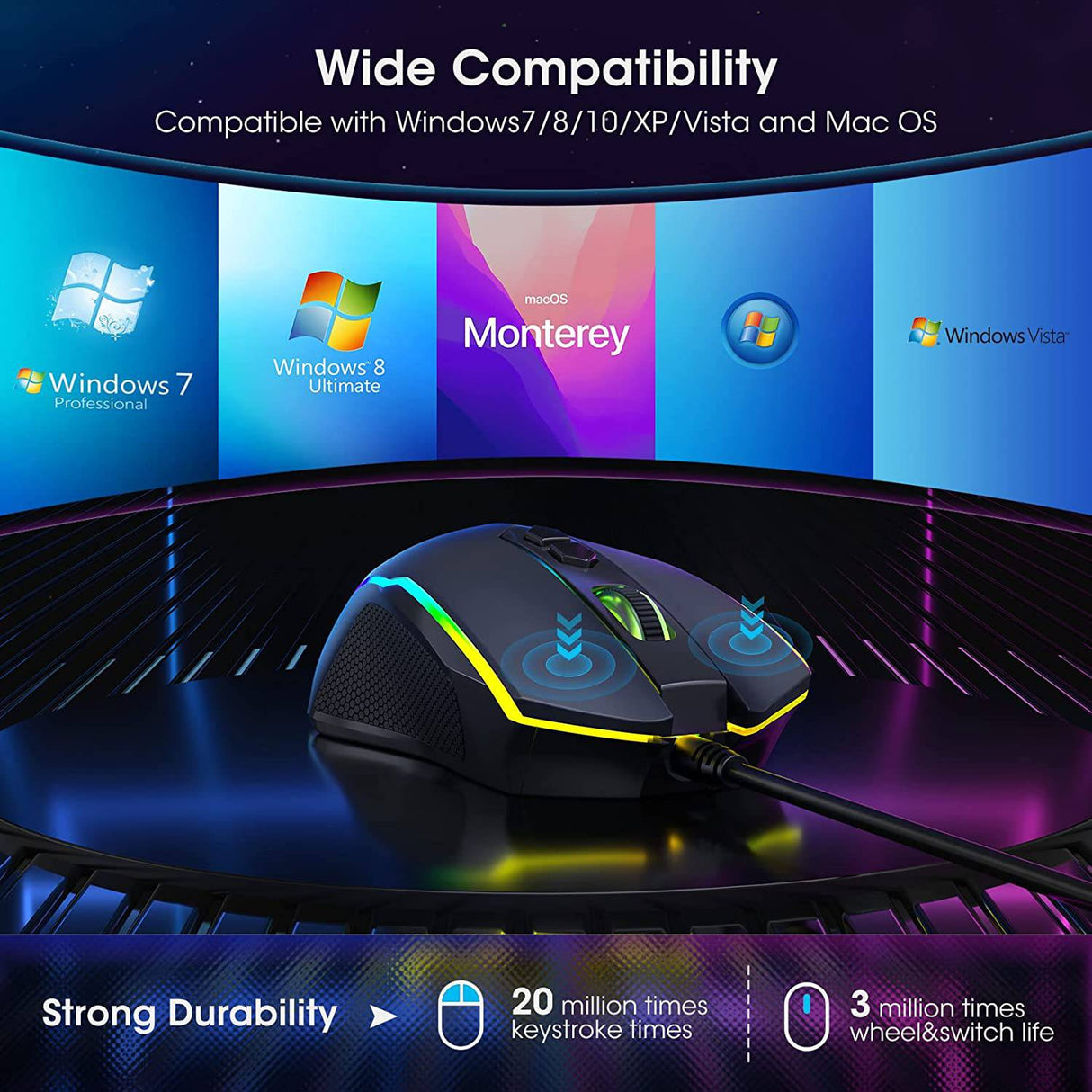 Cackbird Ratón para juegos RGB con cable, ratón para juegos de PC con 8 botones programables, retroiluminación Chroma RGB, 7200 DPI ajustable, empuñaduras laterales de goma, memoria integrada, ratón ergonómico USB