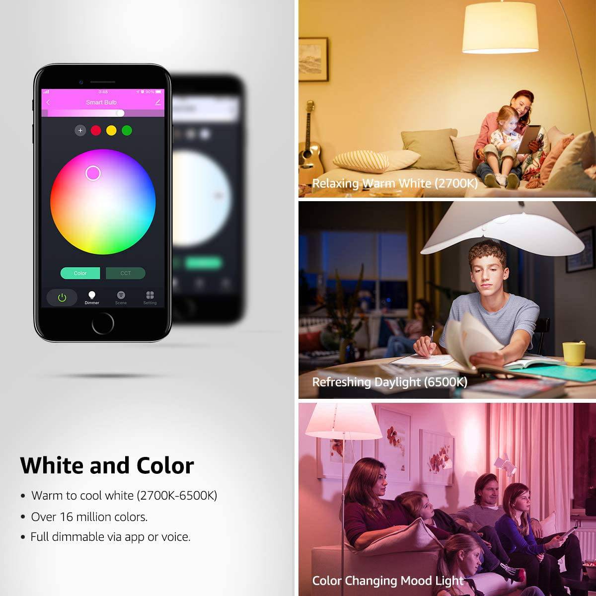 LEPRO - Bombillas WiFi inteligentes, luces LED que cambian de color, funciona con Alexa y Google Assistant, RGBW 2700K-6500K, equivalente a 60 W, regulable con aplicación, A19 E26, no requiere concentrador, solo WiFi de 2,4 GHz, paquete de 4 - DIGVICE MX