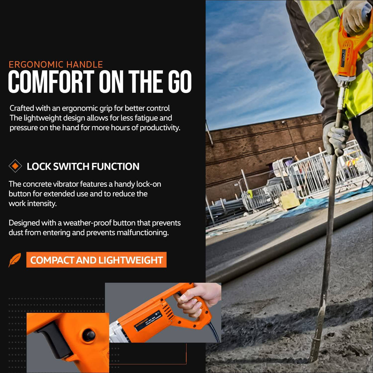 SuperHandy Herramienta eléctrica vibratoria para concreto, 13k VPM, eje de inmersión de manguera flexible de 4.9 pies, vibrador de cemento, portátil con cable eléctrico, motor 110VAC 1HP - Elimina burbujas de aire, nivela y mezcla concreto - DIGVICE MX