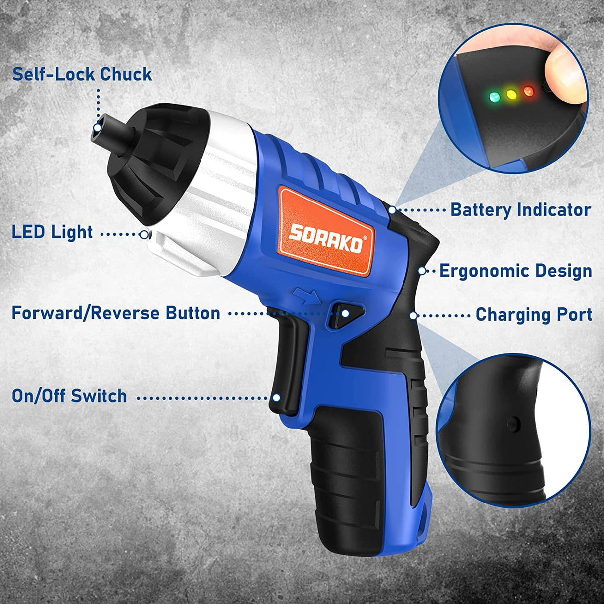 SORAKO Destornillador eléctrico 4V Max, Destornillador inalámbrico 6 Nm, Destornillador eléctrico recargable con luz LED, Pistola atornilladora con 30 PCS Accesorios - DIGVICE MX
