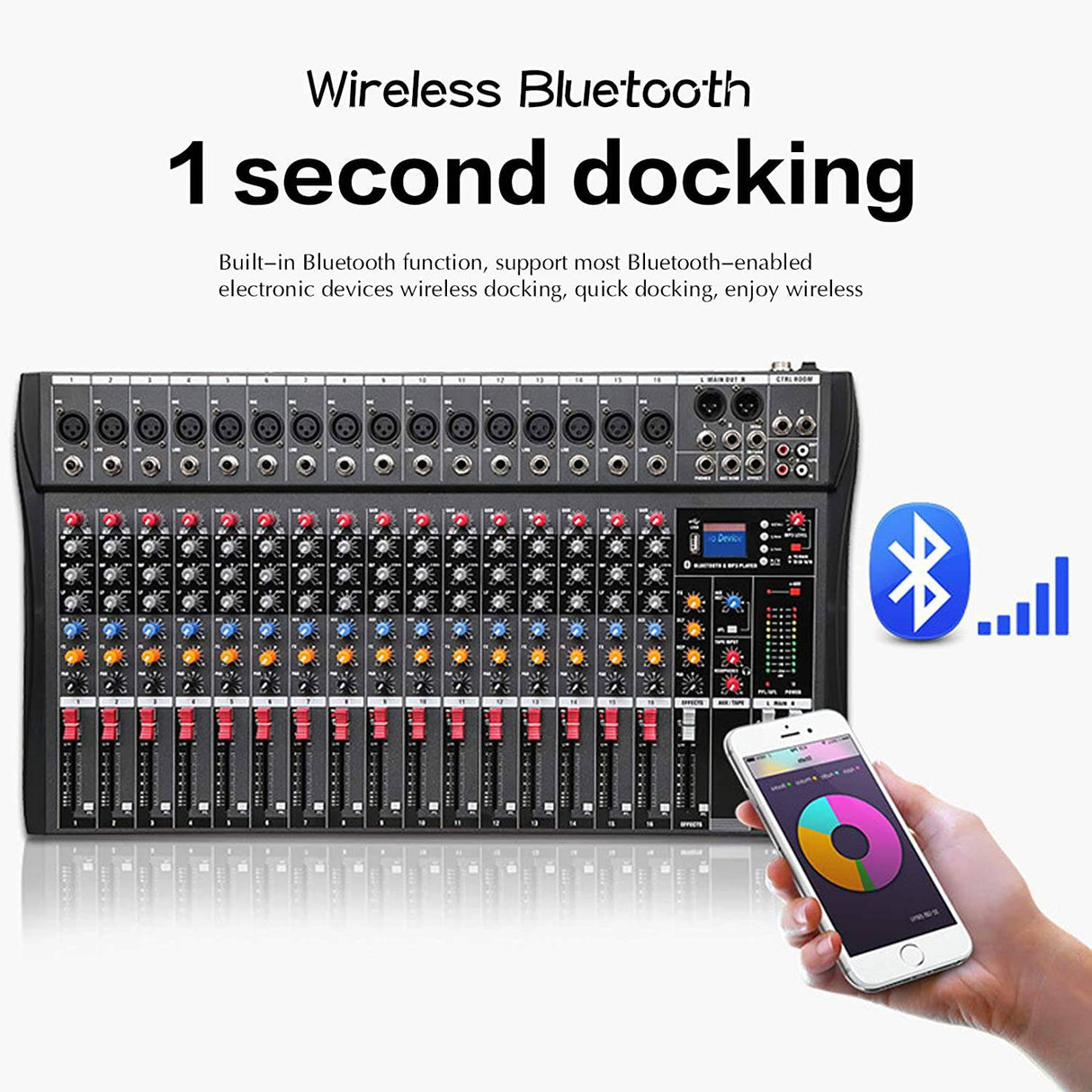 Fineshine Mezclador de audio de 12 canales Consola de mezcla de sonido con USB Bluetooth, entrada de grabación de PC, conector de micrófono XLR, alimentación de 48 V, entrada/salida RCA para profesionales y principiantes (12 canales)