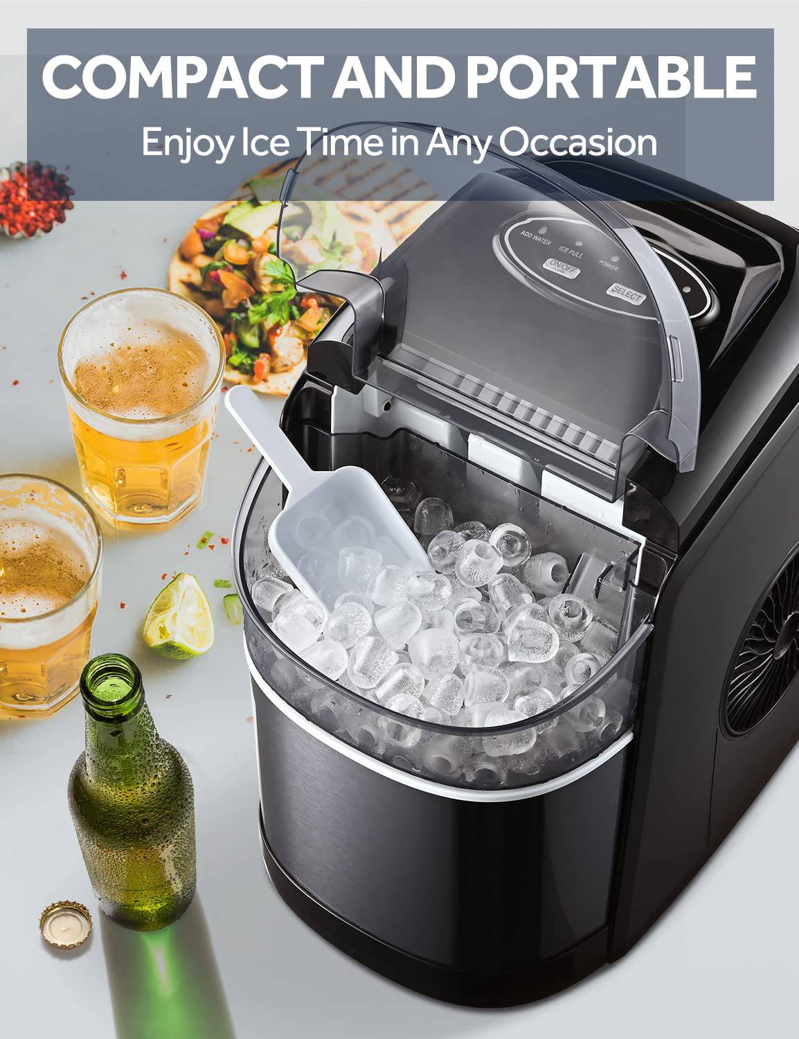 FREE VILLAGE - Máquina para hacer hielo para encimera, función de autolimpieza, portátil de 26 libras/24 horas, 9 hielo listo en 6 minutos, compacta con cuchara para hielo y cesta - DIGVICE MX