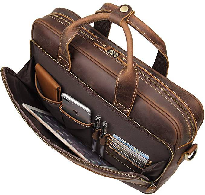 Augus  - Bolso de mensajero de cuero para hombres Mochila de viaje vintage Maletín para computadora portátil de 17 pulgadas Bolsos de hombro