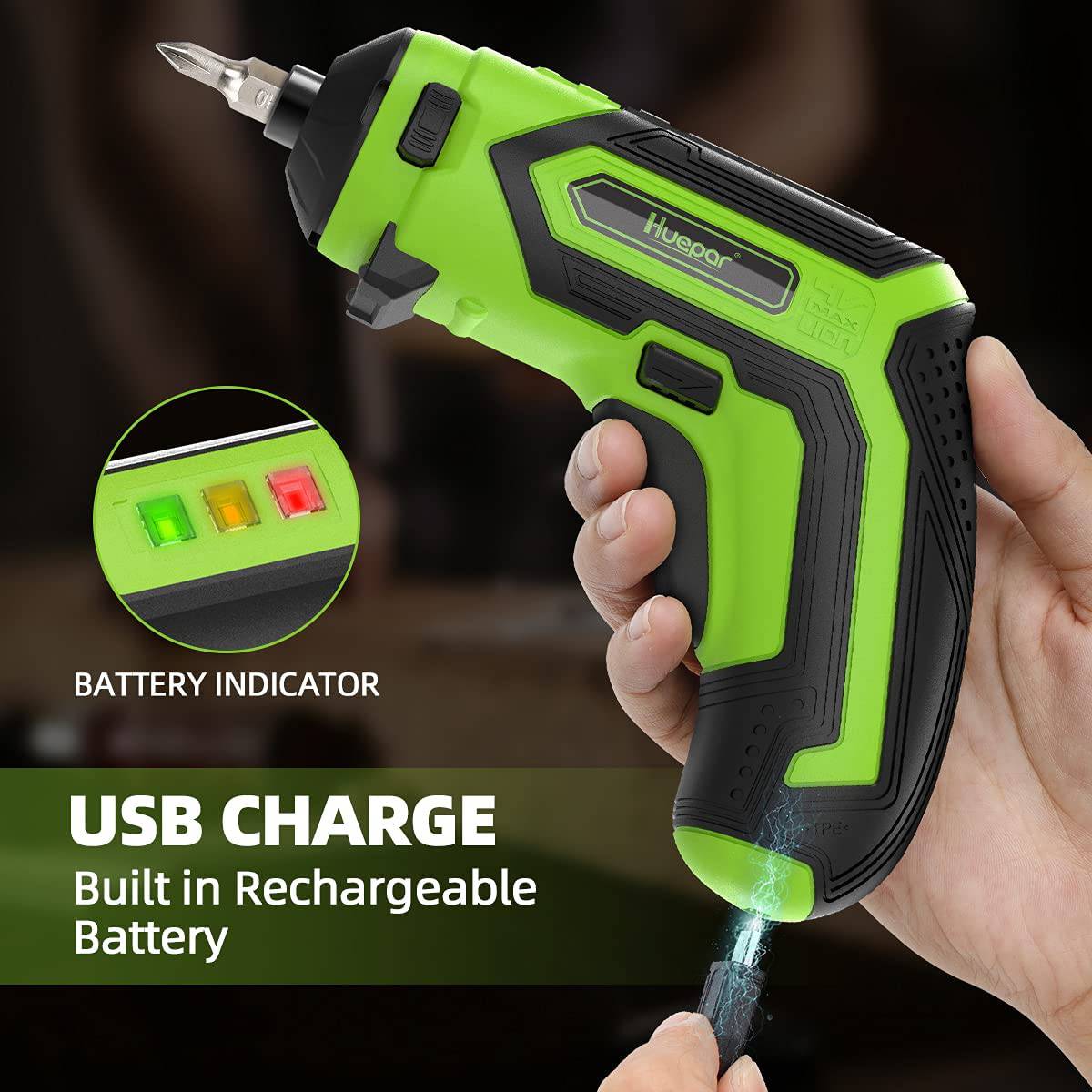 Huepar Destornillador inalámbrico 4V 1.5Ah Max 6Nm Kit de destornillador eléctrico Recargable Pistola de tornillo con 4 accesorios de repuesto-2 Luz LED, 9+1 Ajuste de par y Juego de 35 bits, Cable USB para el hogar DIY CS04 - DIGVICE MX