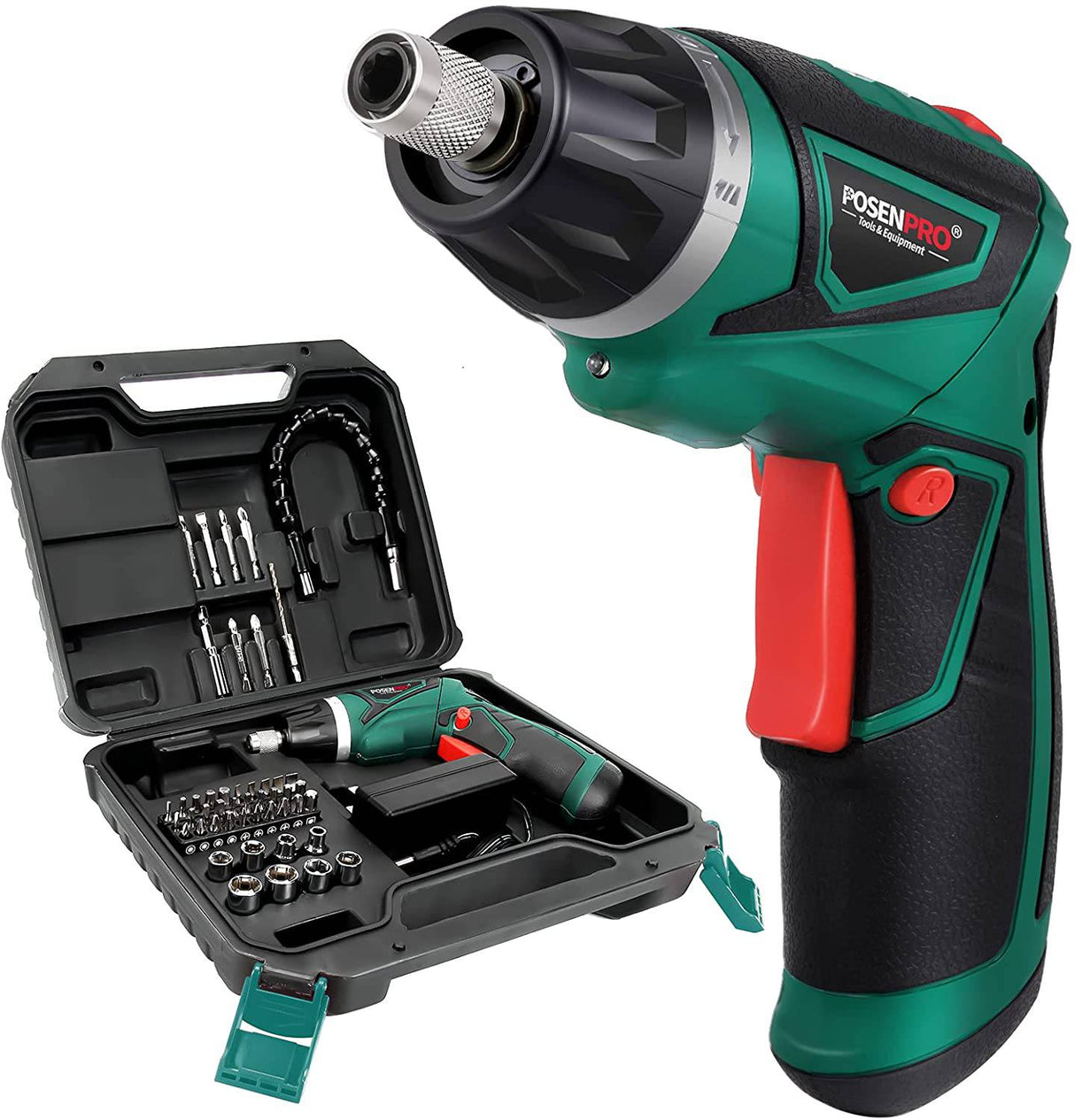 Destornillador eléctrico inalámbrico POSENPRO, destornillador de potencia recargable de 7,2 V con 48 accesorios, pistola de tornillo con ajuste de par 6+1 y mango giratorio para bricolaje doméstico, embalaje BMC - PCCS24GU - DIGVICE MX