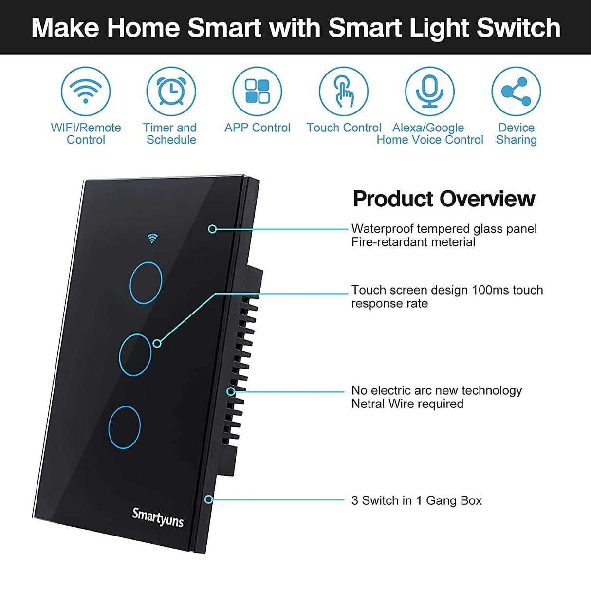 Smartyuns WiFi Interruptor de luz inteligente negro, interruptor de luz táctil con indicador LED, interruptor de pared estándar de EE. UU. Compatible con Alexa, asistente de Google, aplicación "SmartLife" (interruptor de luz de 3 marchas negro) - DIGVICE MX