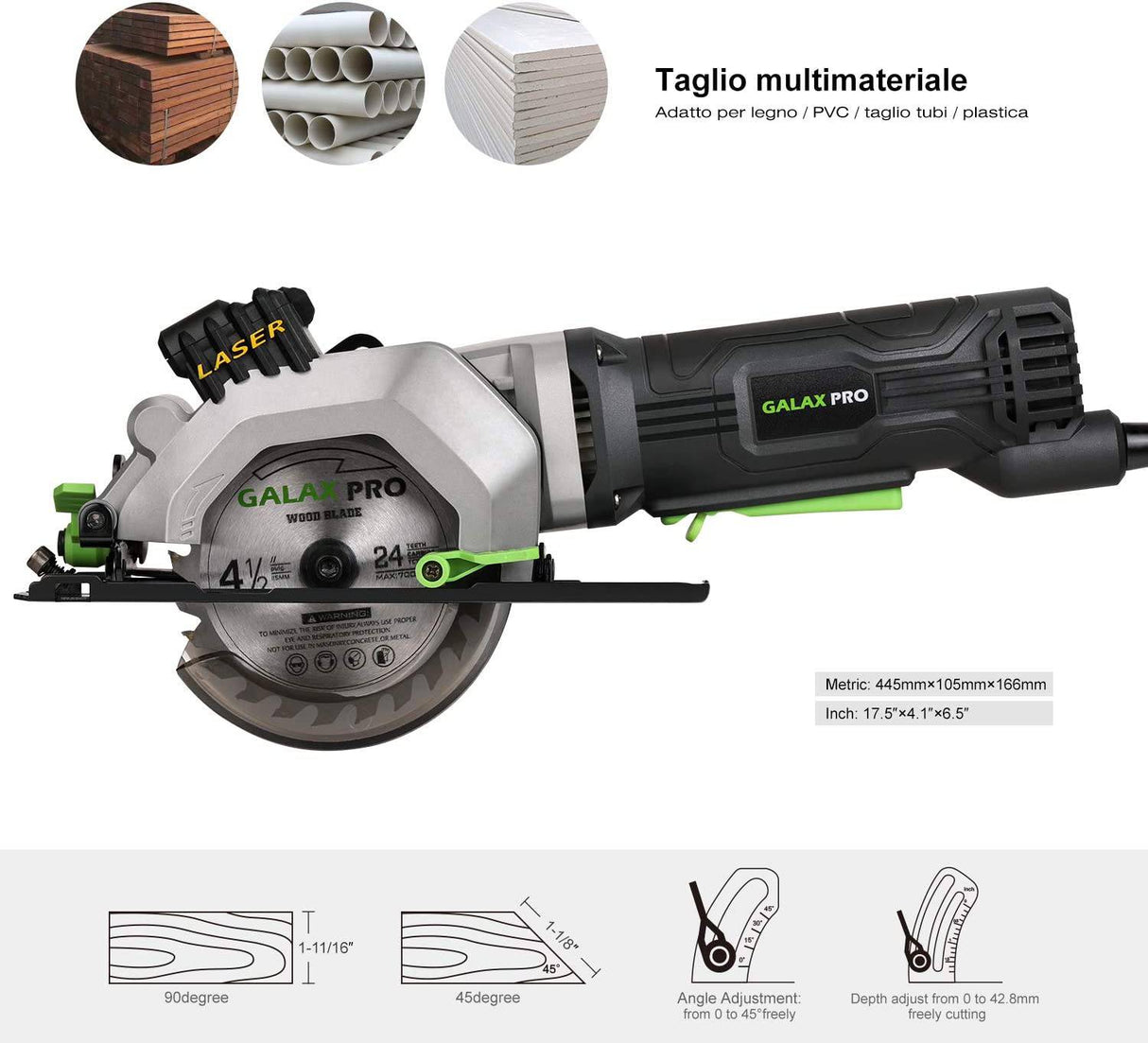 Sierra circular GALAX PRO 4Amp 3500 RPM con guía láser, máx. Profundidad de corte 1-11/16"(90°), 1-1/8"(45°)Sierra compacta con hoja TCT de 4-1/2" 24T, adaptador de vacío, llave para hoja y guía de corte al hilo - DIGVICE MX