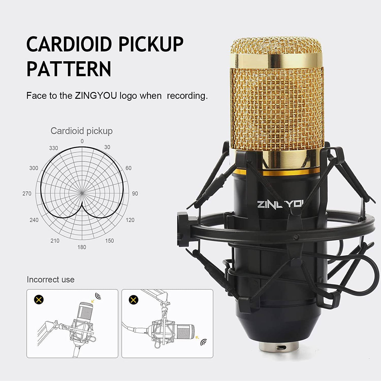 ZINGYOU - Micrófono de condensador, kit de micrófono BM-800 con brazo de tijera de suspensión de micrófono ajustable, soporte de choque de metal y filtro pop de doble capa para grabación y transmisión de estudio (dorado)