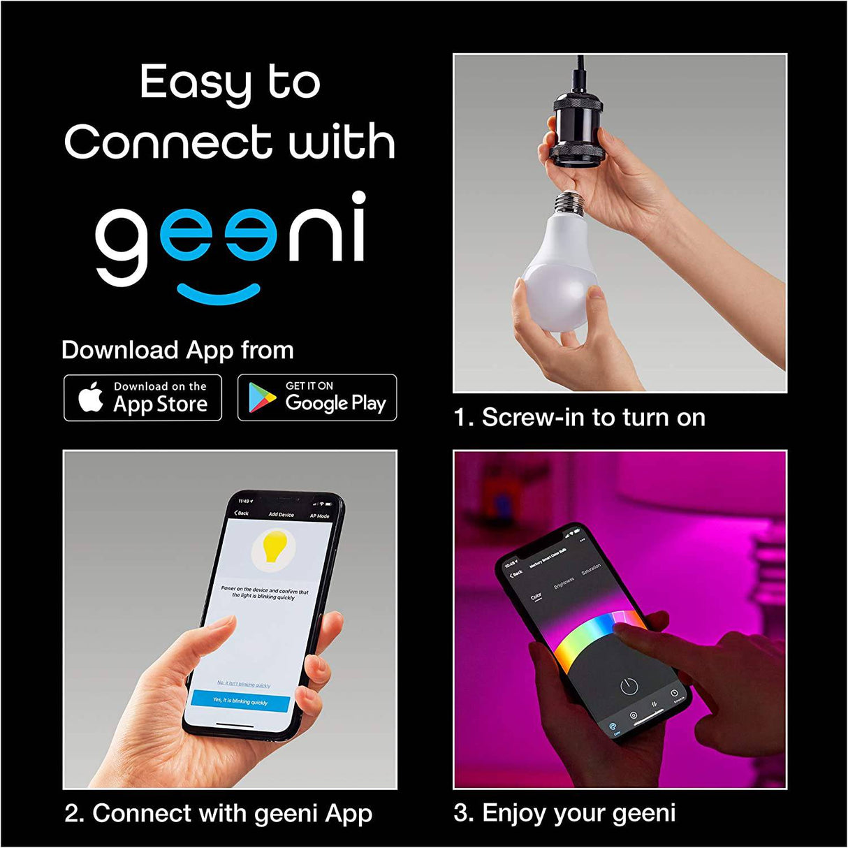 Geeni Prisma 1050 lúmenes A21 Wi-Fi multicolor bombillas (2700 K), paquete de 4 - Bombillas LED regulables, equivalente a 75 vatios - No requiere concentrador - Funciona con Amazon Alexa, Hey Google - DIGVICE MX