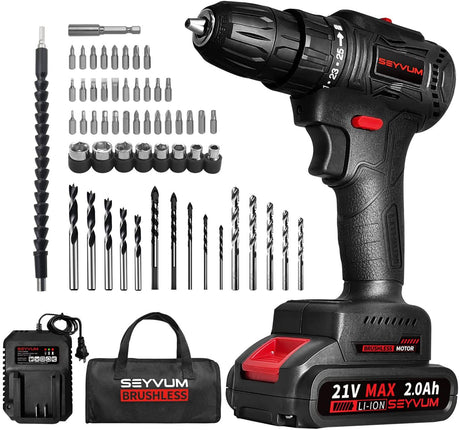 SEYVUM P10 Juego de brocas inalámbricas de 21 V, [Potente motor sin escobillas] [compacto], taladro eléctrico, taladro eléctrico con batería de iones de litio, cargador rápido, velocidad variable, 57 brocas con bolsa de herramientas - DIGVICE MX