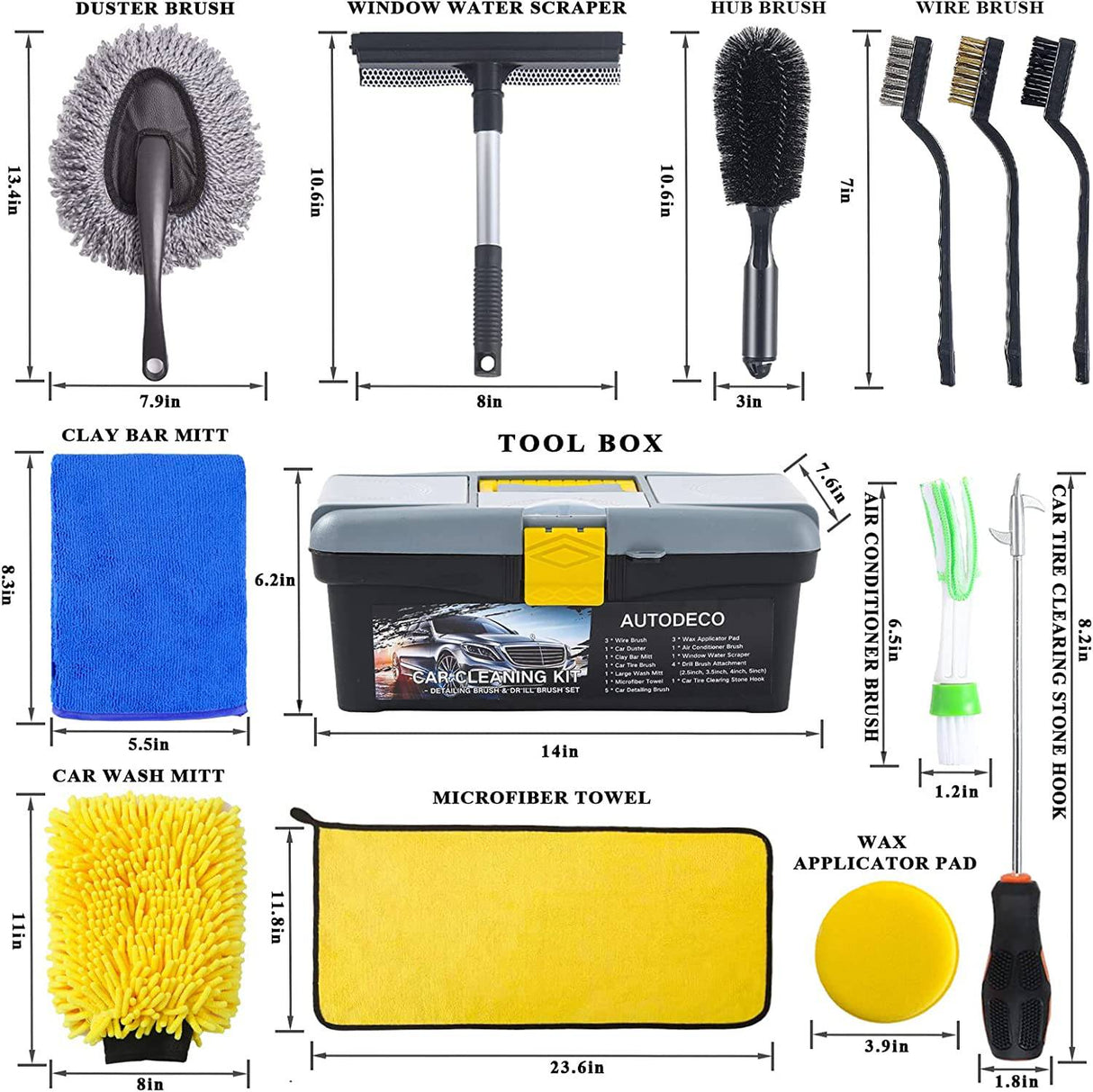 AUTODECO - Juego de 23 herramientas de limpieza para lavado de autos, juego de brochas para taladro de auto, con cepillo para detalles de autos, manopla de lavado, toallas de manopla de arcilla, cepillo para llantas, raspador de ventanas,