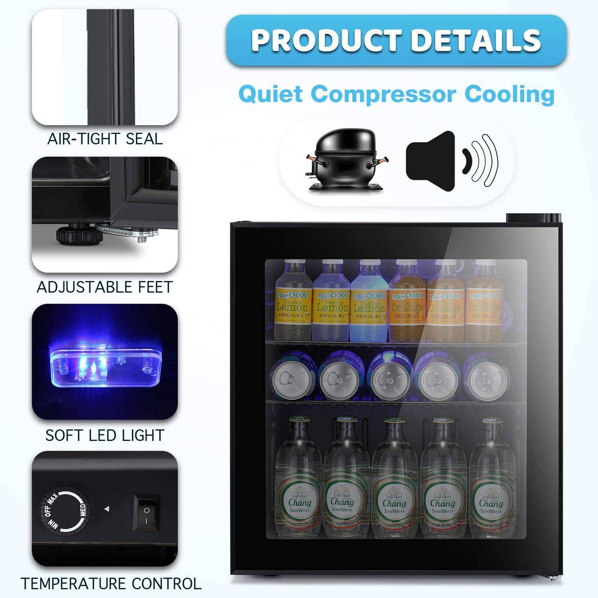 Antarctic Star Mini refrigerador enfriador – 70 latas de bebidas puerta de vidrio pequeña bebida soda cerveza vino enfriador dispensador máquina vidrio negro extraíble para el hogar, la oficina o el bar, 1.6 pies cúbicos. - DIGVICE MX