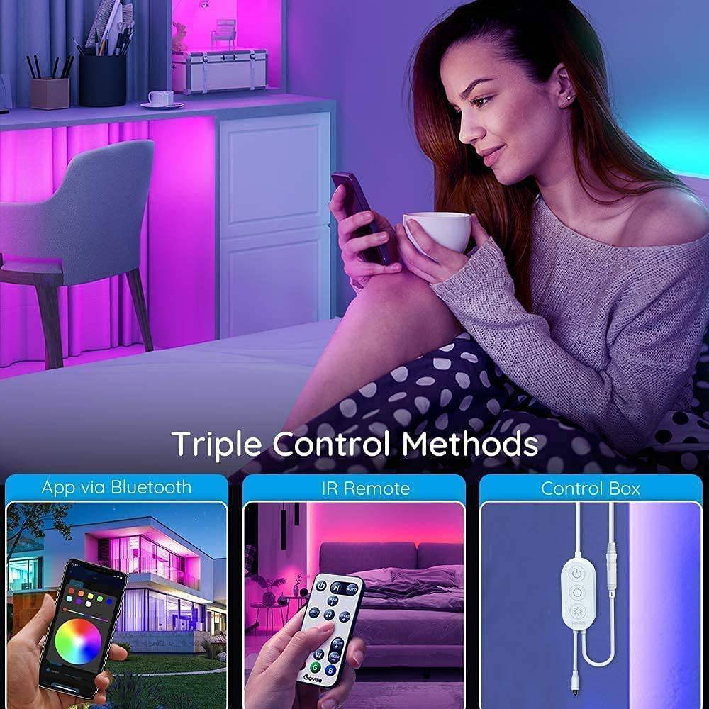 Govee Tira de luces LED que cambian de color de 32.8 pies, luces LED Bluetooth con control de aplicación, control remoto, caja de control, 64 escenas y luces de sincronización de música, 2 rollos de 16.4 pies - DIGVICE MX