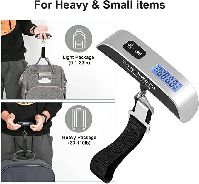 Travel inspira - báscula de equipaje colgante digital portátil para viajes, báscula de peso de maleta con pintura de goma, 110 libras, batería incluida