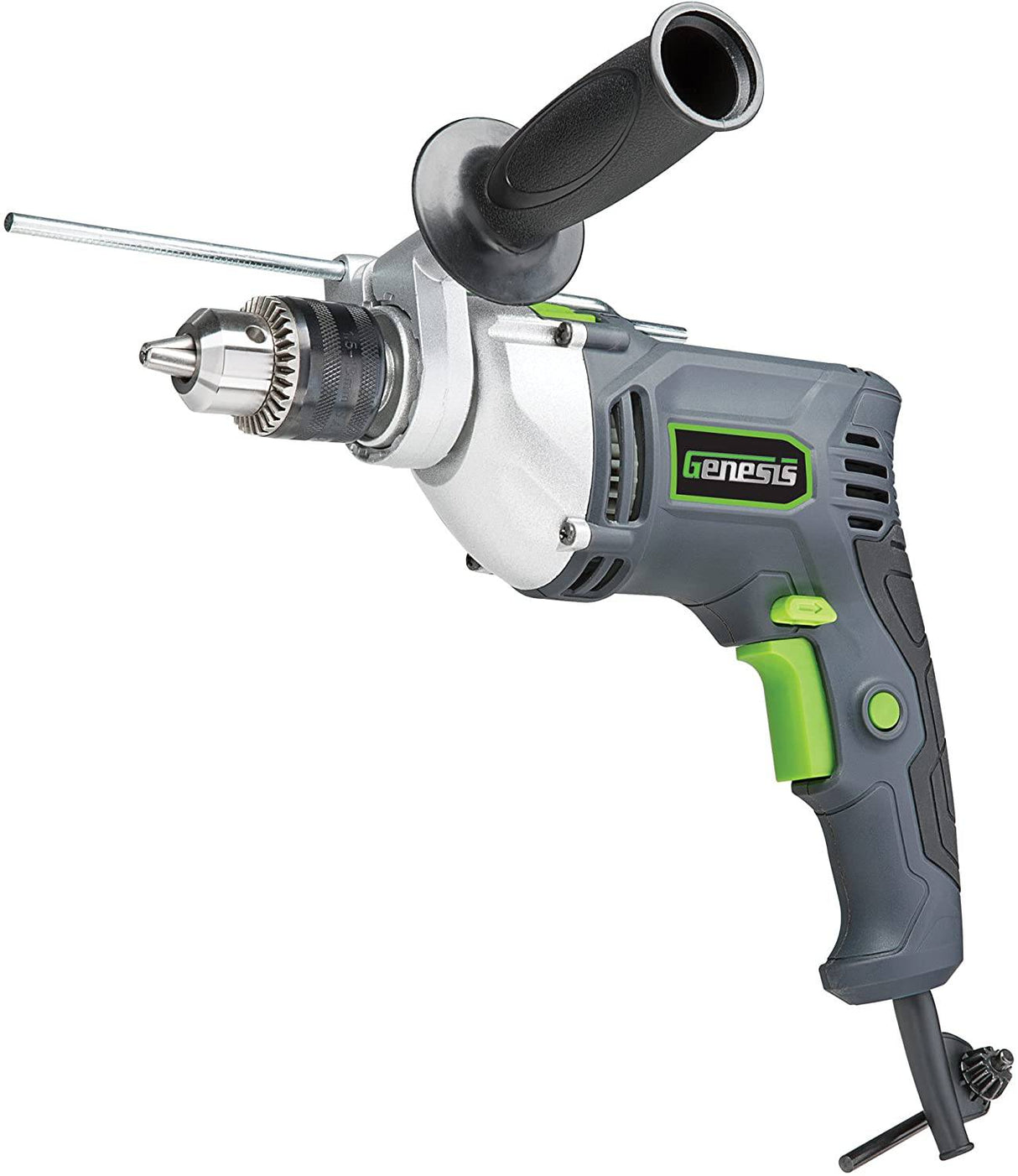 Genesis GHD1275 Taladro de martillo reversible de velocidad variable de 7,5 amperios con llave de mandril ajustable, mango de control lateral, botón de bloqueo, mango auxiliar de 360° y medidor de profundidad - DIGVICE MX