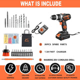 MAIBERG Taladro inalámbrico, juego de pistola de tornillo de energía eléctrica con batería de 20 V 2 Ah, 26 accesorios, par máximo de 300 libras (300 in-lb), cargador de 1.3 A, portabrocas de 3/8 pulgadas, 2 velocidades variables - DIGVICE MX