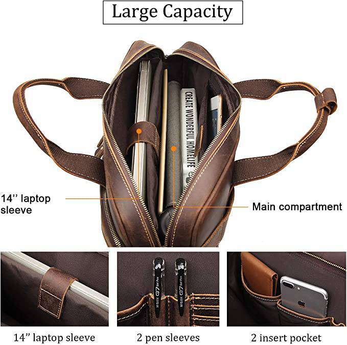 Augus  - Bolso de mensajero de cuero para hombres Mochila de viaje vintage Maletín para computadora portátil de 17 pulgadas Bolsos de hombro